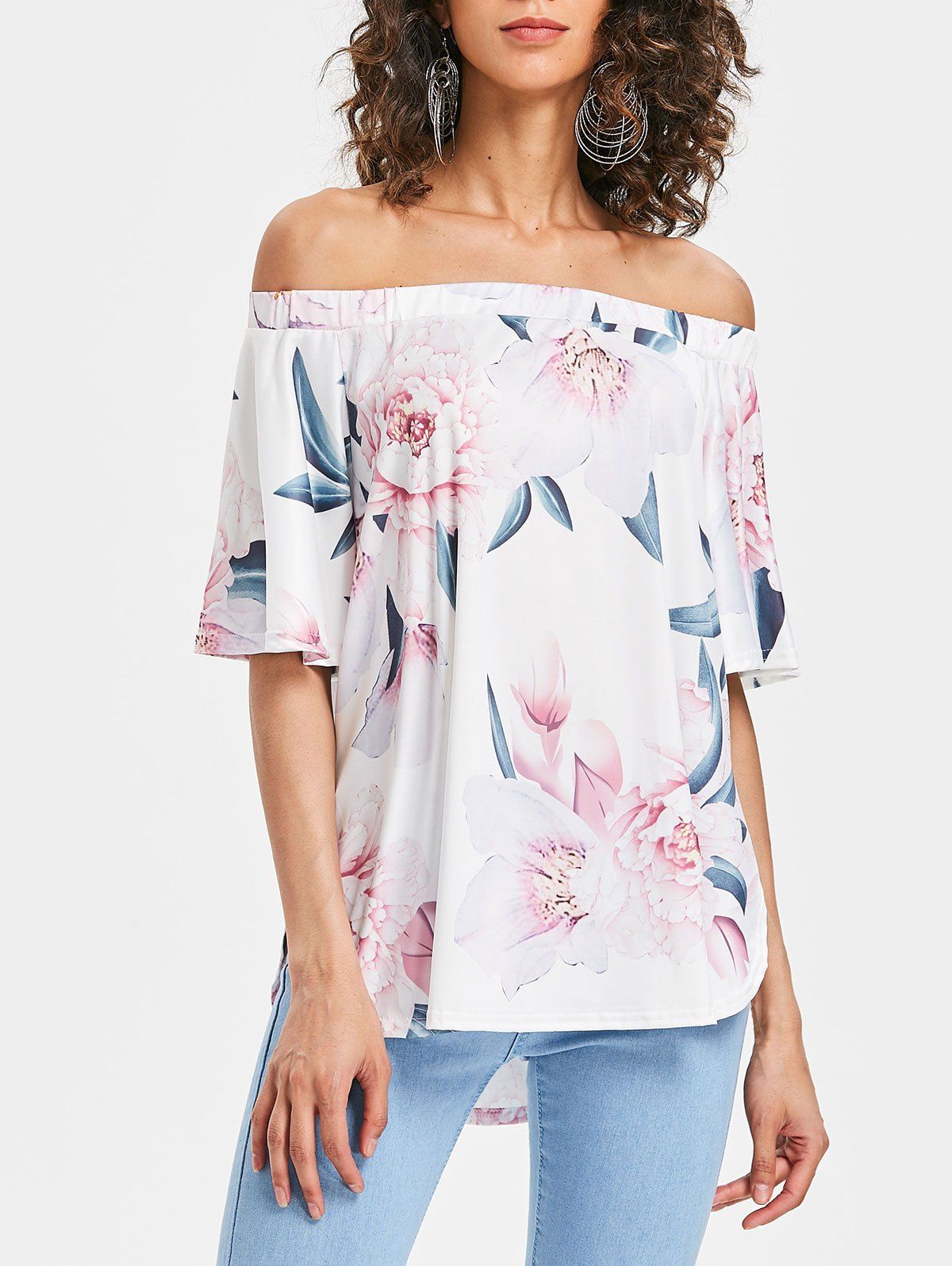 Floral Print Off The Shoulder Top, White