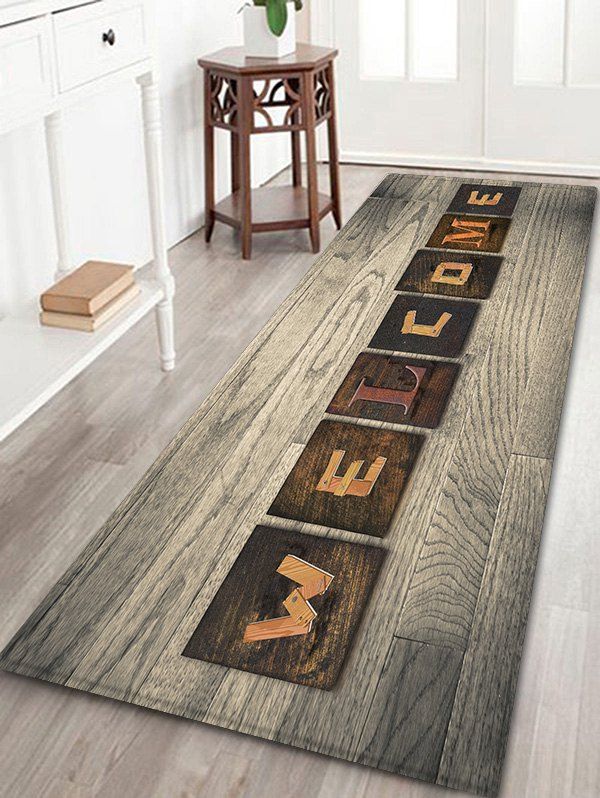 Welcome Wood Grain Pattern Anti-skid Floor Area Rug, Multi