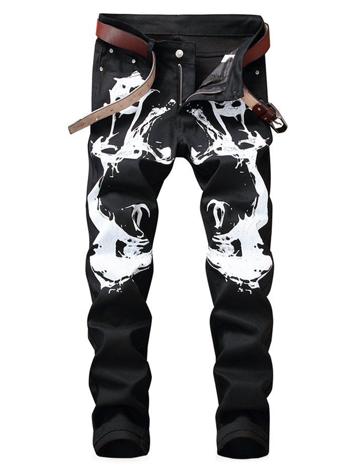 Graphic Print Slim Fit Jeans, Black