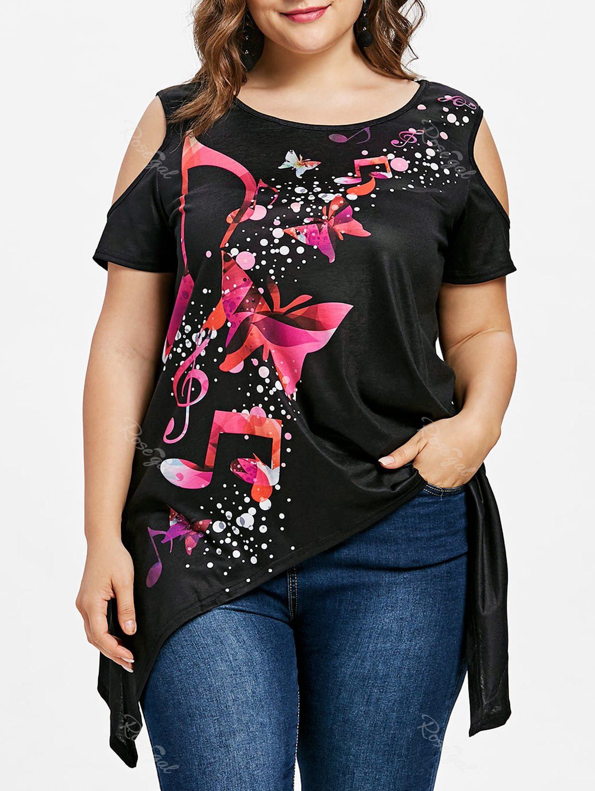 Plus Size Open Shoulder Music Note T-shirt, Black