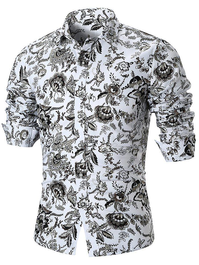 Long Sleeve Allover Flower Print Causal Shirt, White