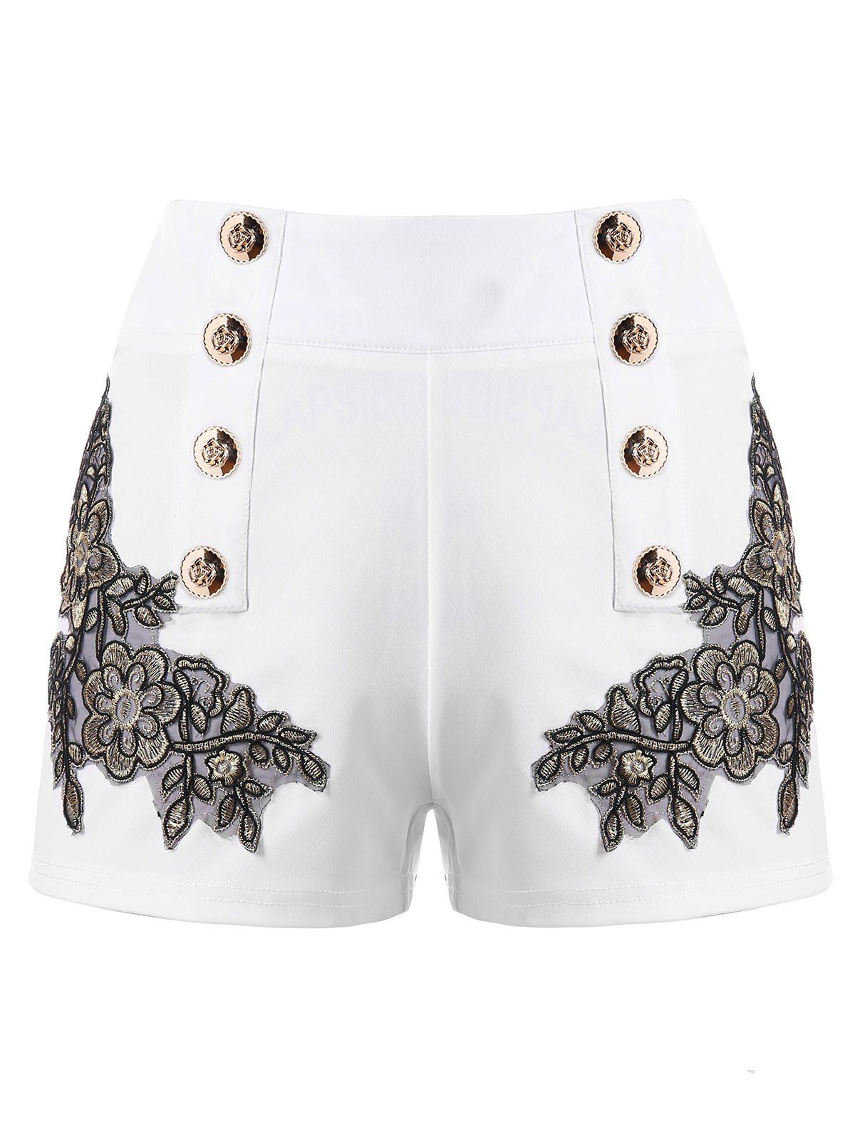 Metal Button Embroidery Shorts, Milk white