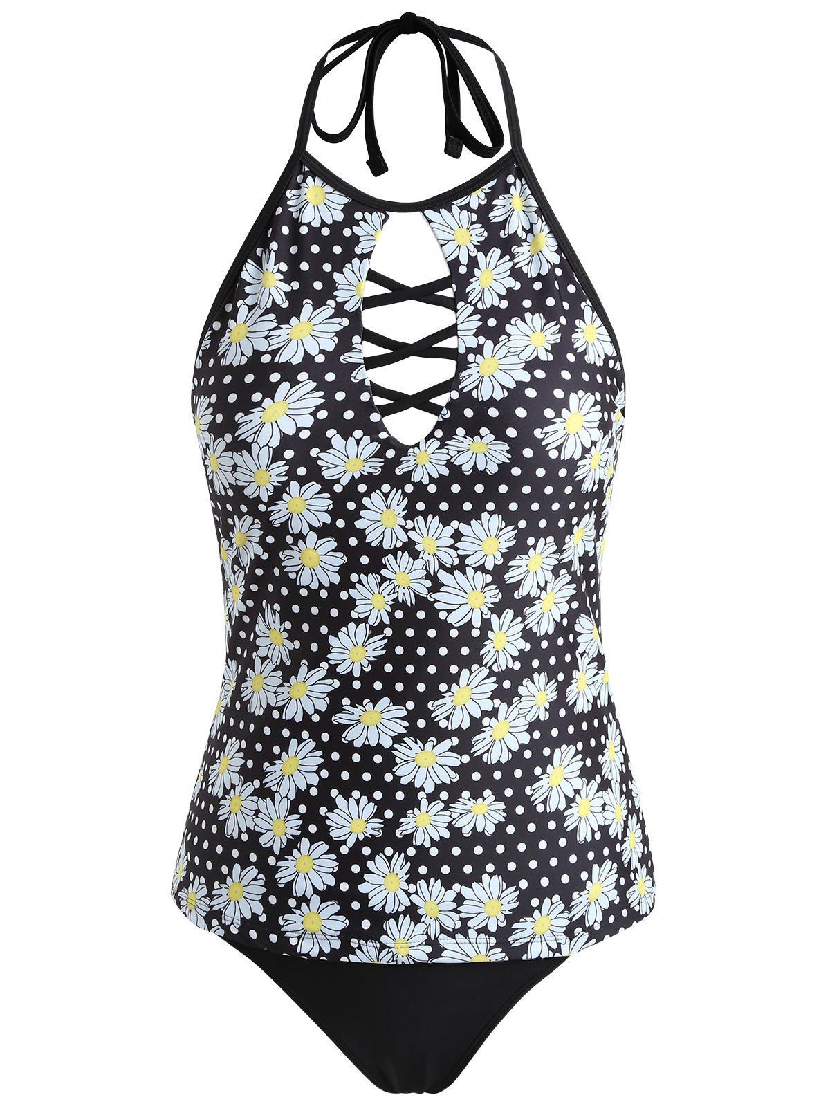 Low Waisted Floral Tankini, Black