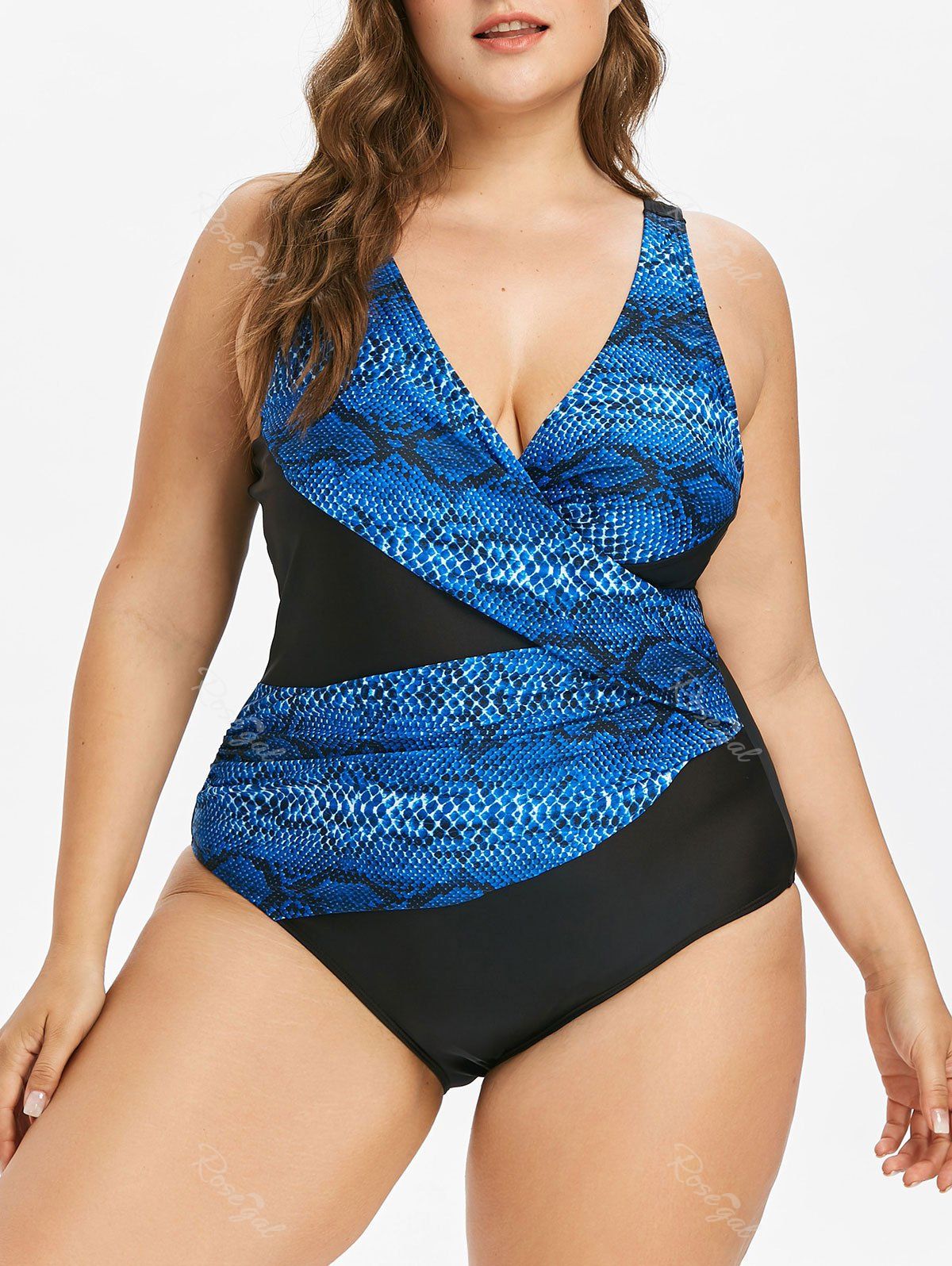 Plus Size Snakeskin Surplice One Piece Swimwear, Blue