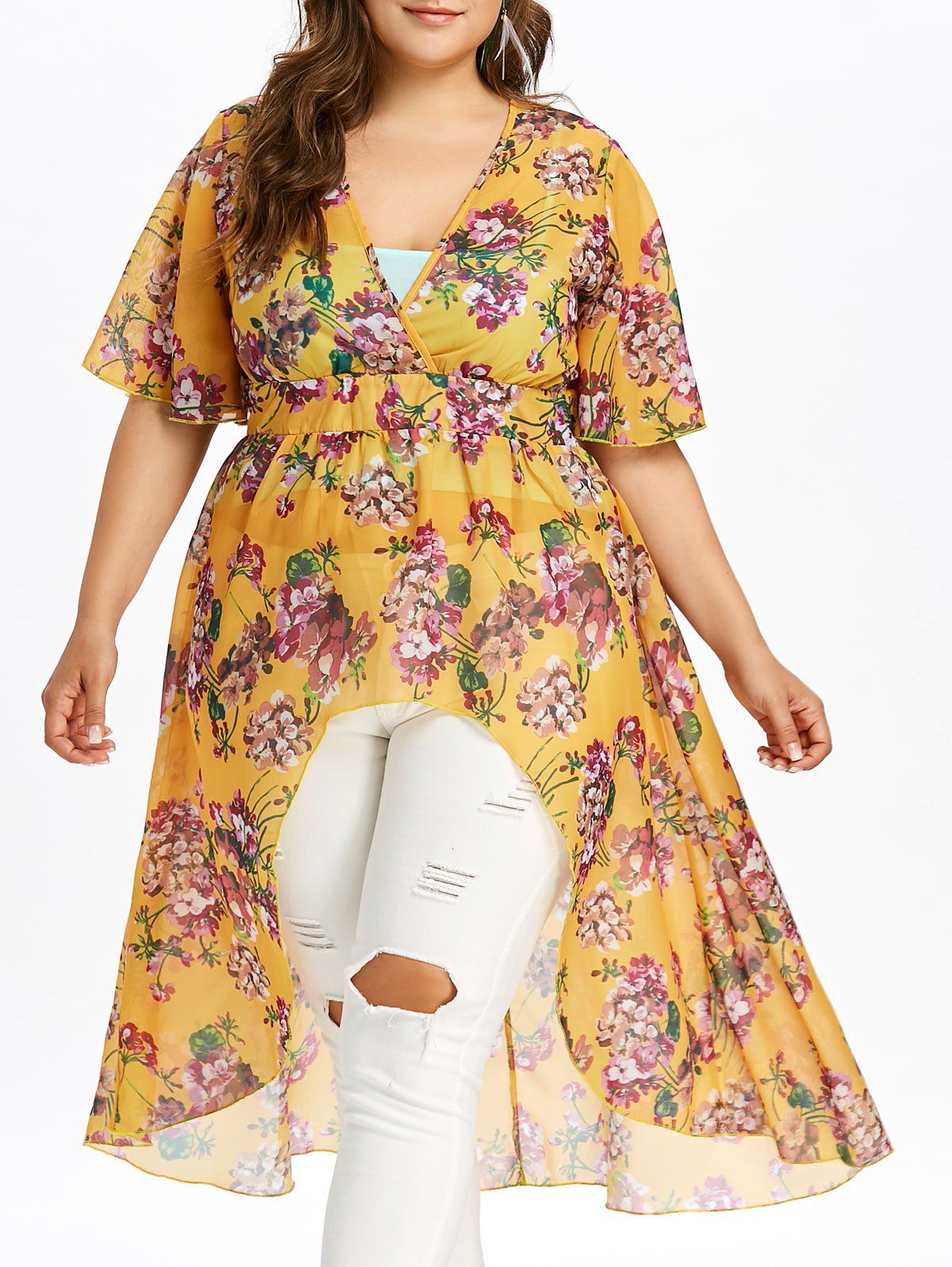 Plus Size Floral High Low Blouse, Yellow 
Plus Size Floral High Low Blouse, Yellow