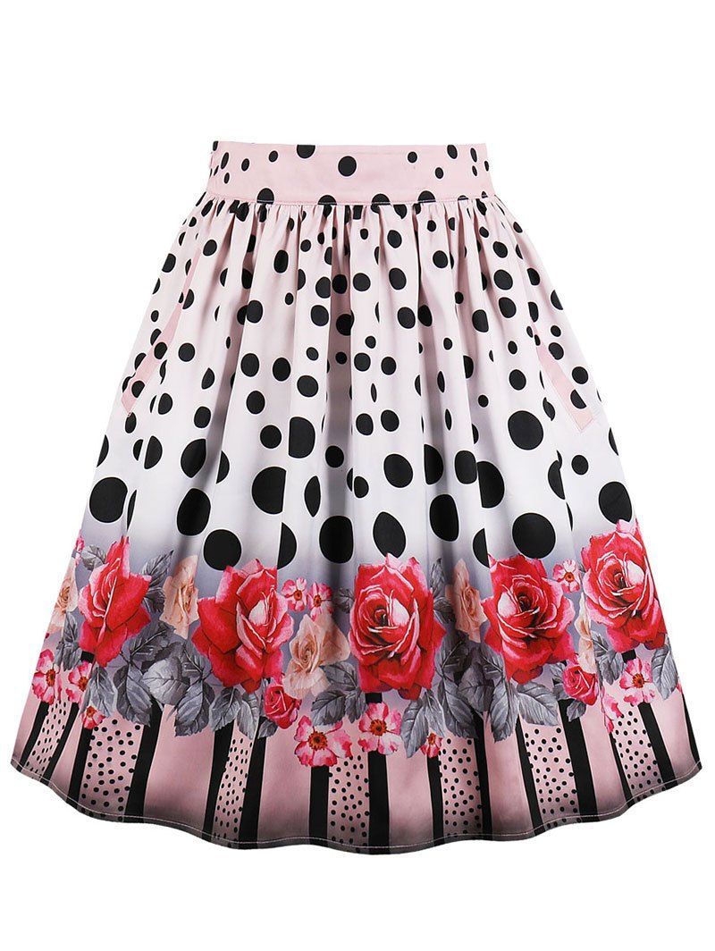 Polka Dot Floral Midi Flare Skirt, Light pink