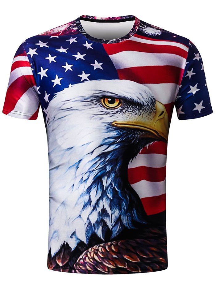 

Round Neck 3D USA Flag Eagle Print T-shirt, Multi