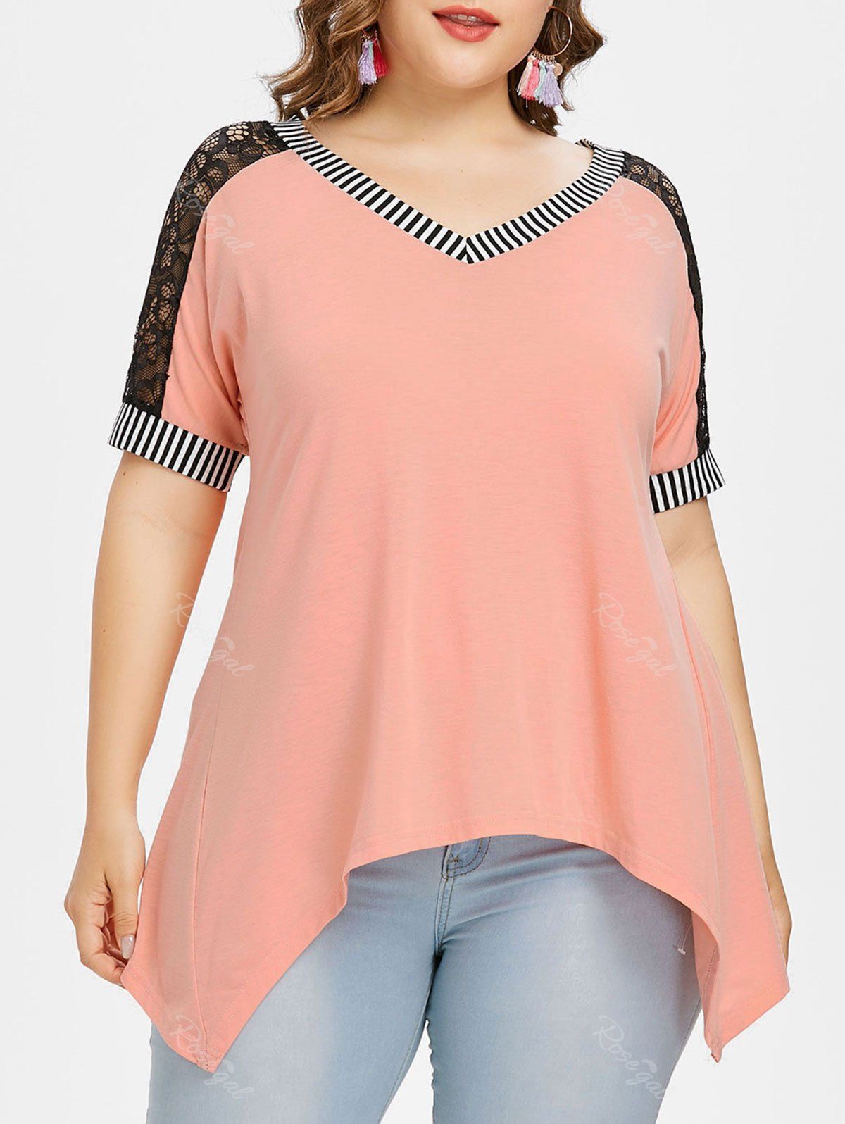 Plus Size Raglan Sleeve Sharkbite T-shirt, Orange pink
