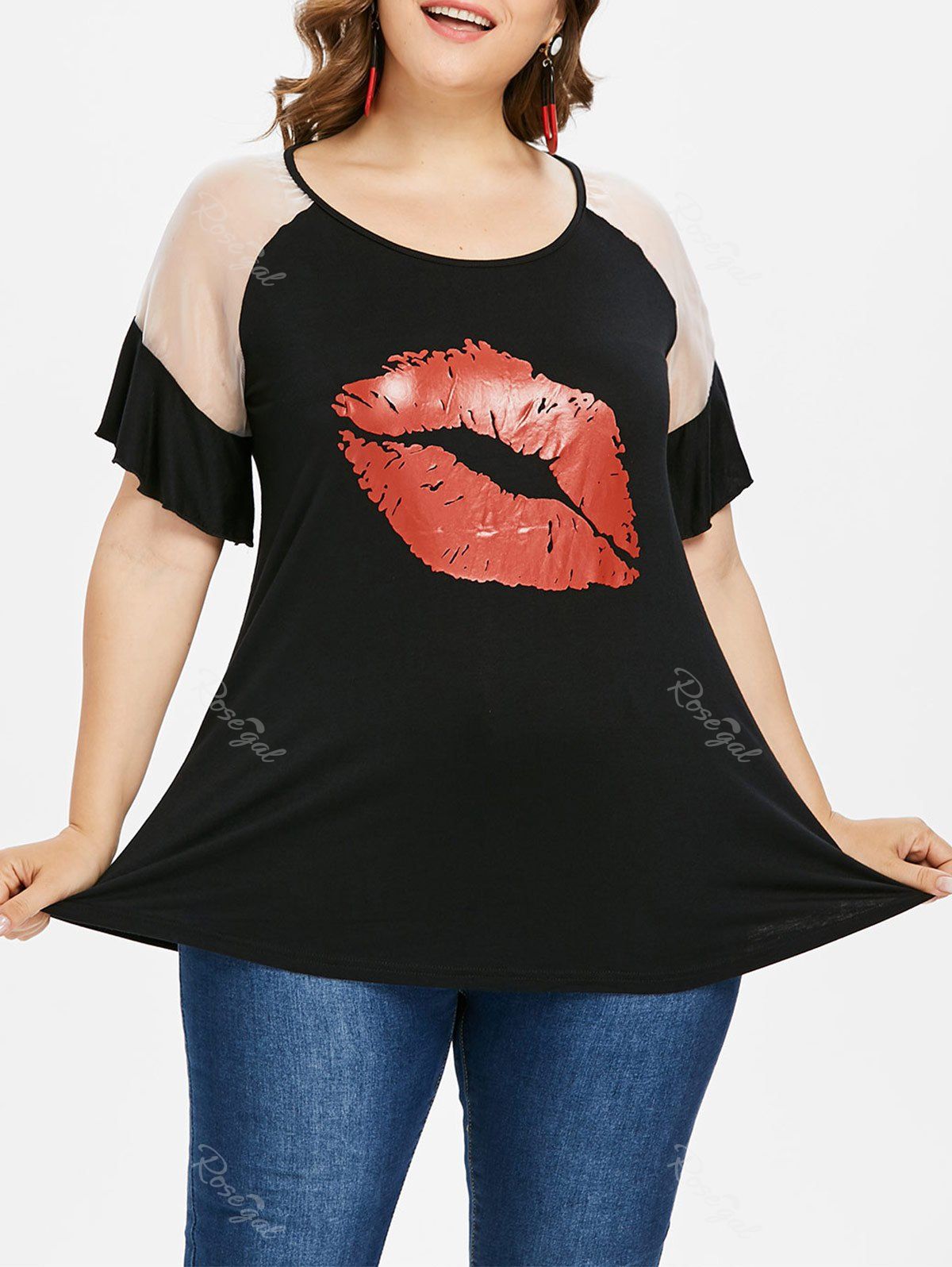 Plus Size Lip Print Raglan Sleeve T-shirt, Black
