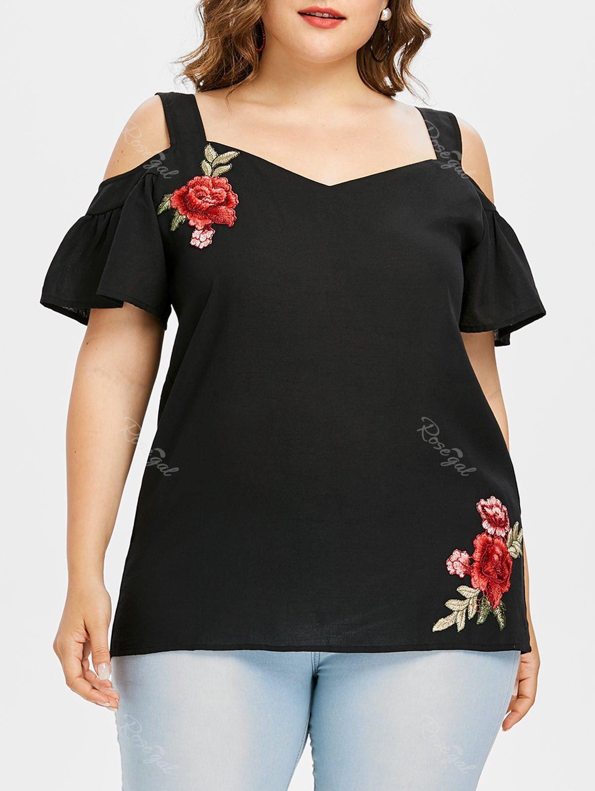 Plus Size Cold Shoulder Floral Applique Blouse, Black