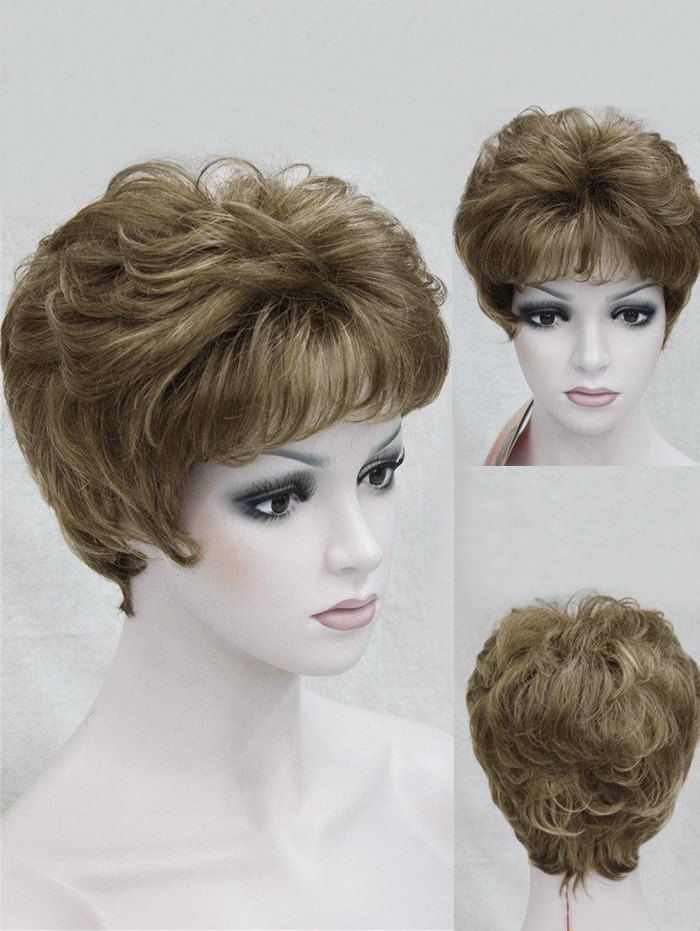 

Short Side Bang Fluffy Layered Slightly Curly Synthetic Wig, Dark goldenrod