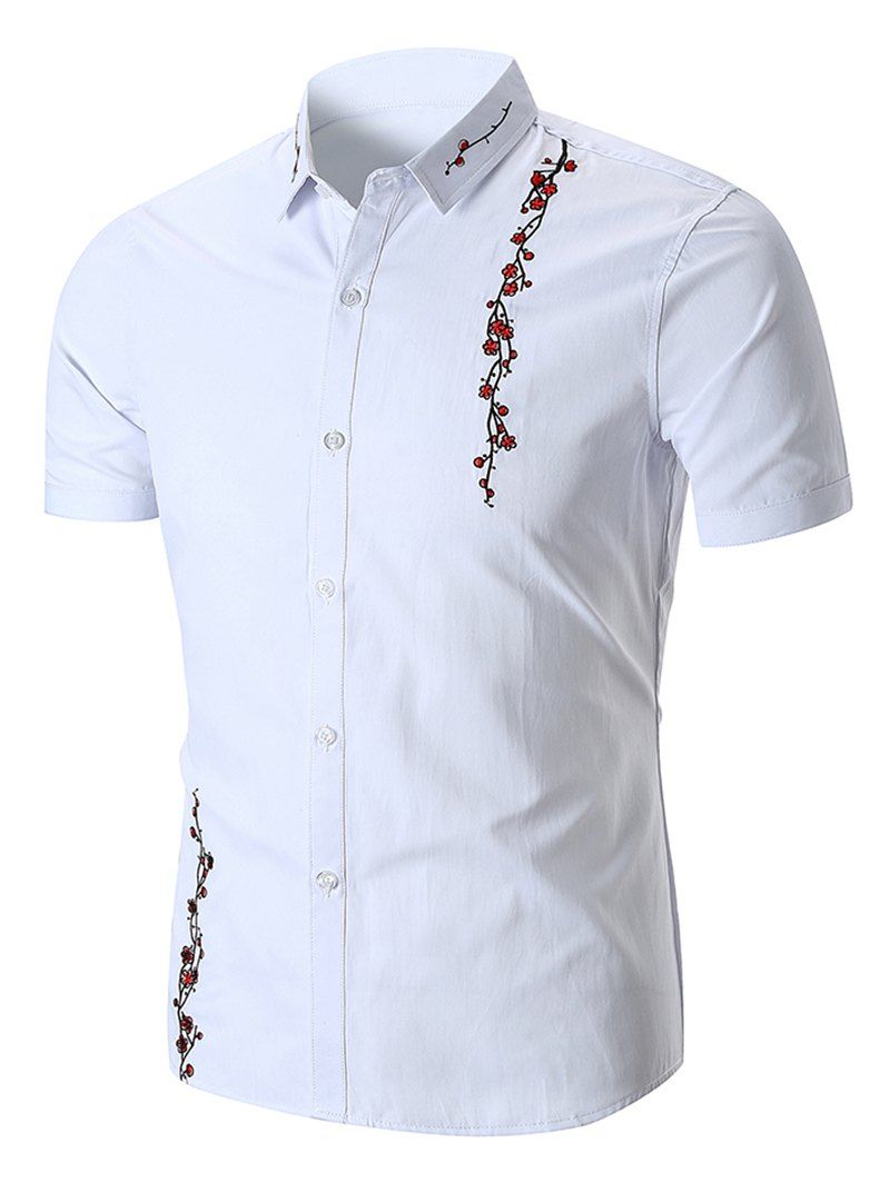 

Embroidery Plum Blossom Print Button Up Shirt, White