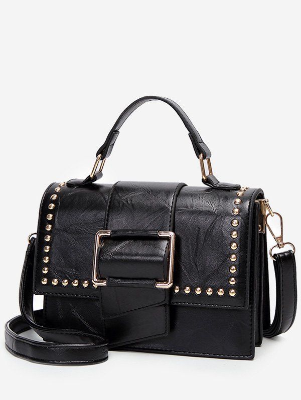Studs Flap Chic Buckled Crossbody Bag, Black