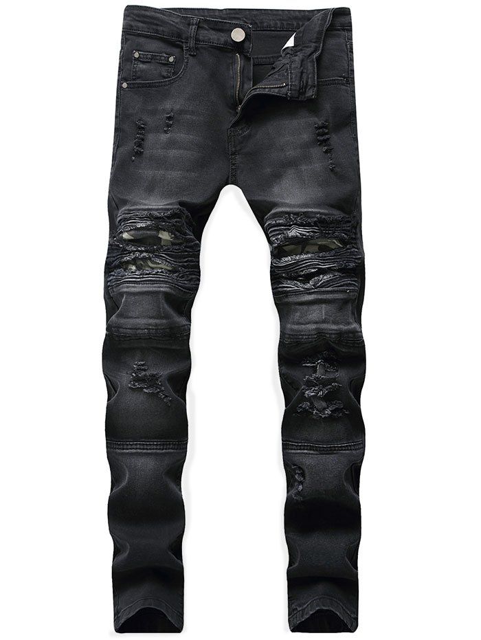 Ribbed Camo Panel Zip Fly Destroyed Jeans, Black