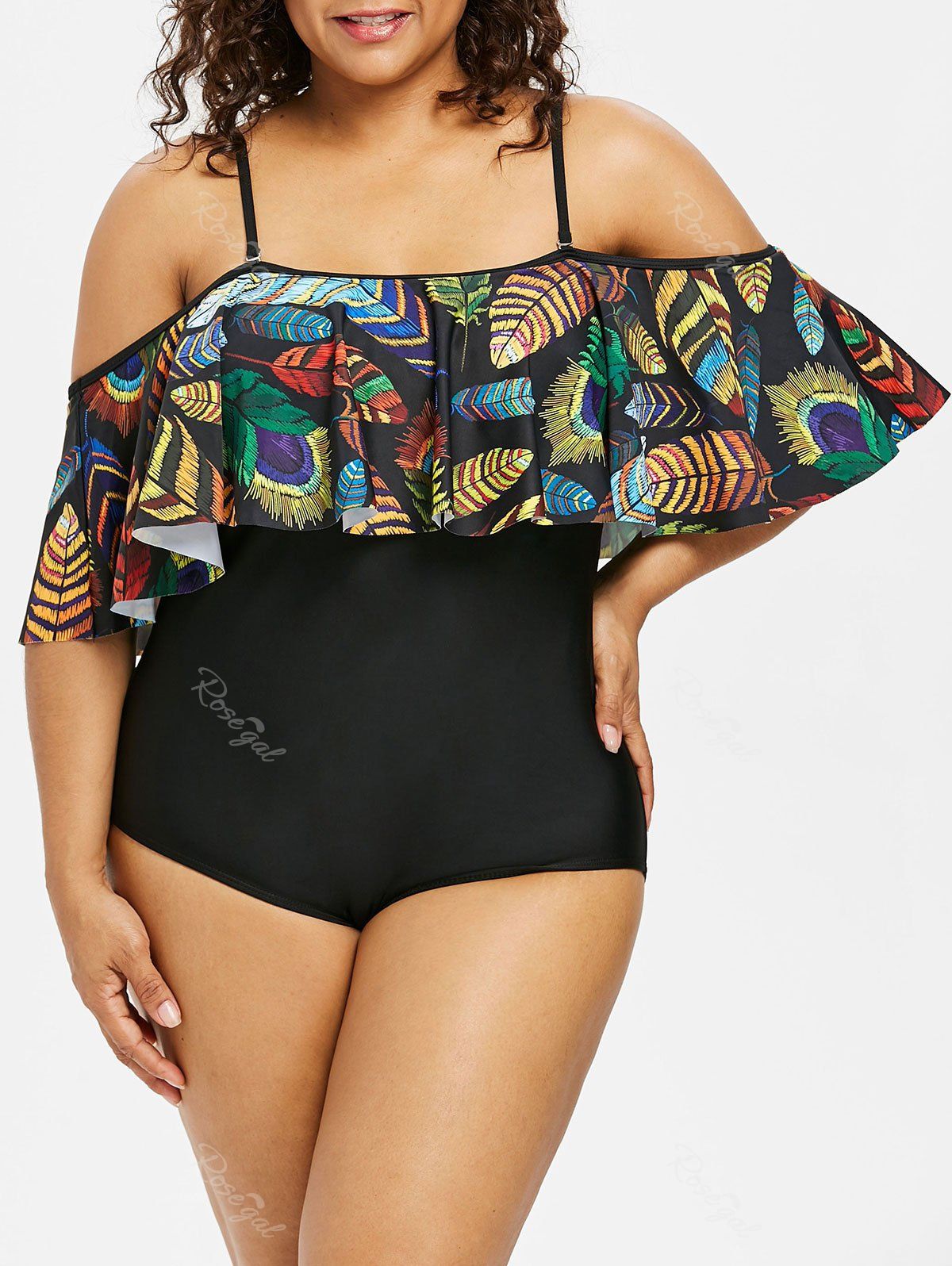 Feather Flounce Plus Size Swimsuit, Black