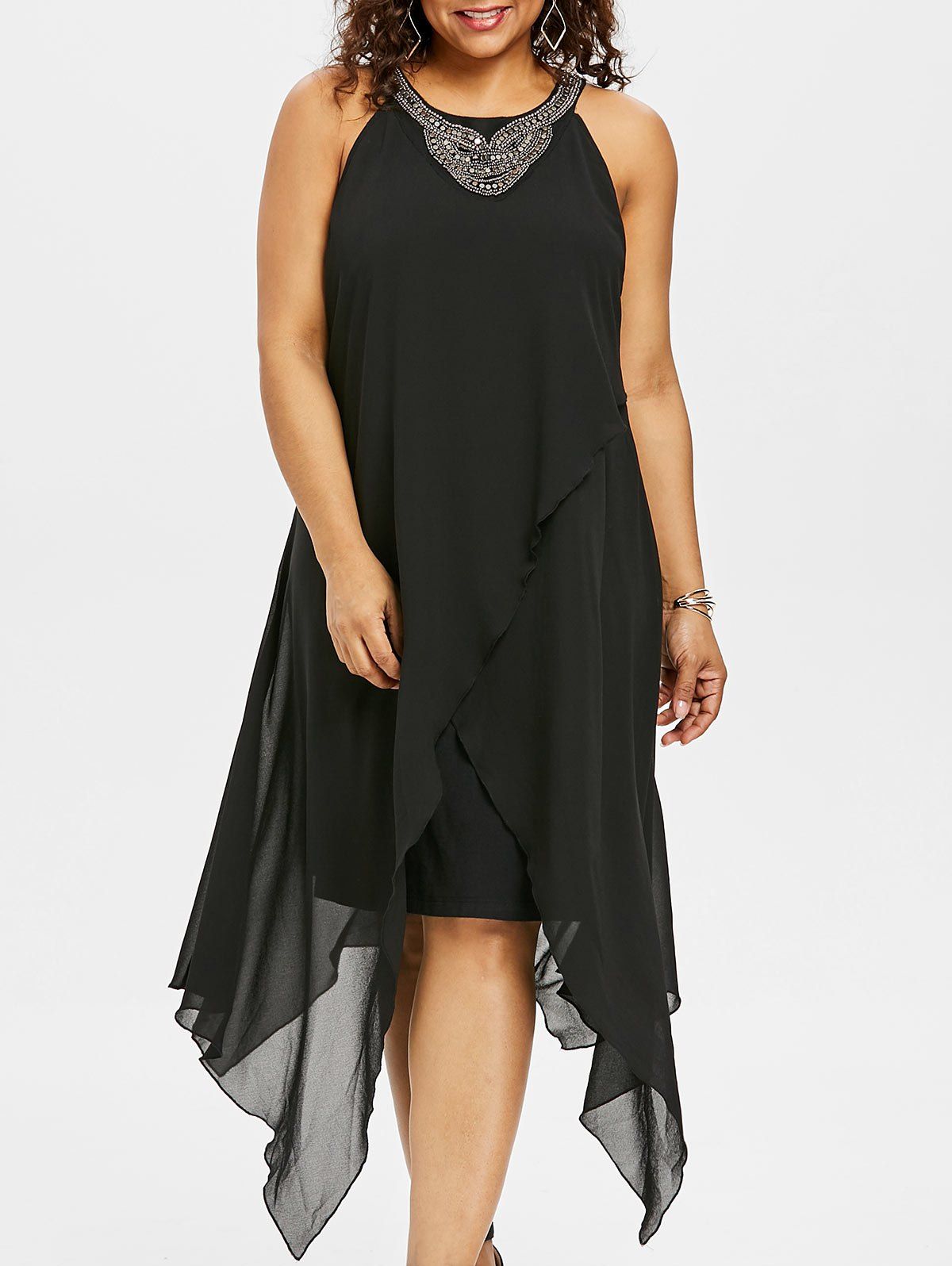 Plus Size Sleeveless Asymmetric Overlap Dress, Black
