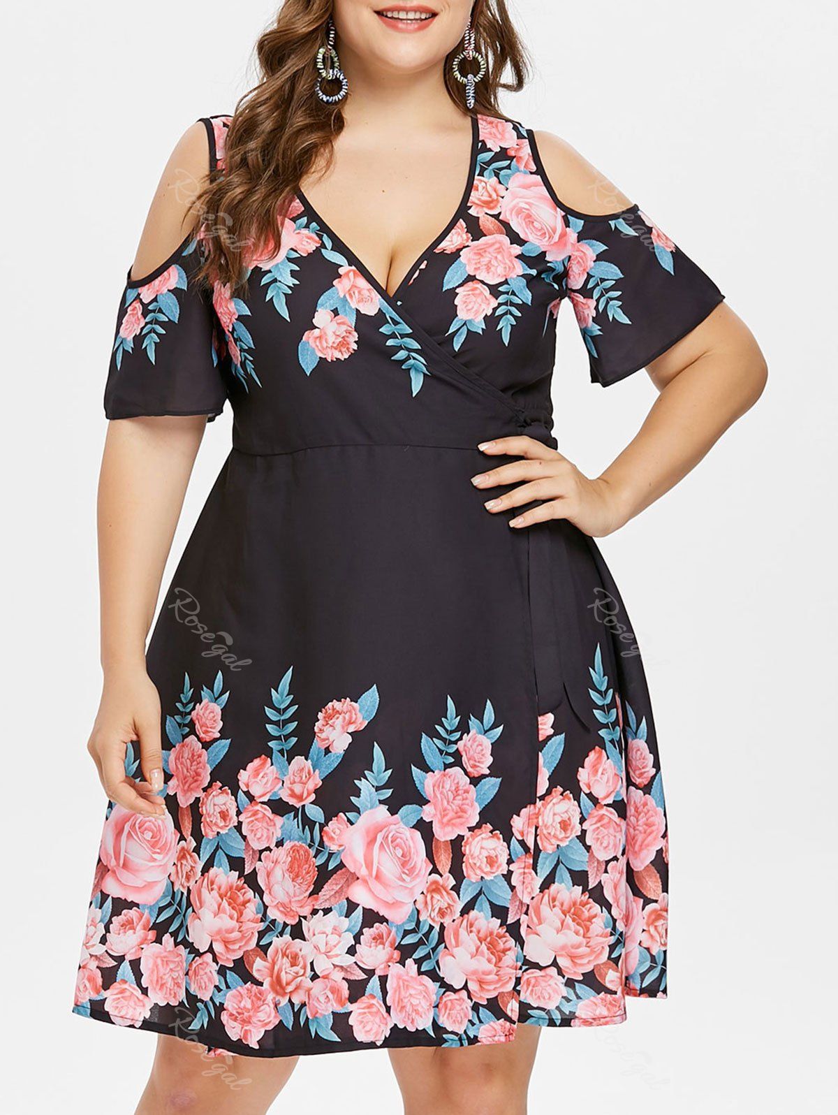 Plus Size Floral Print Wrap Dress, Black