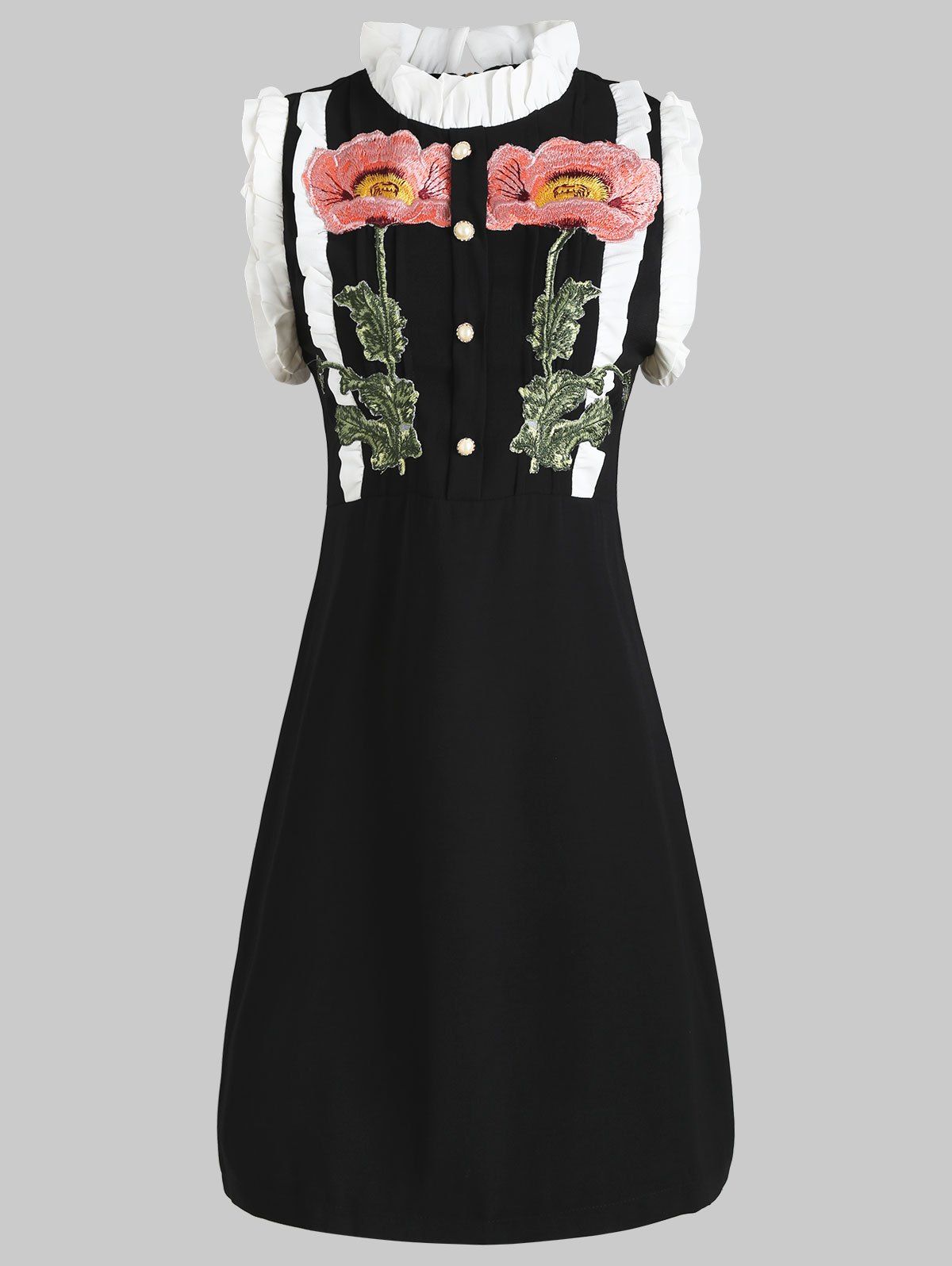 Ruffled Buttoned Embroidery Dress, Black