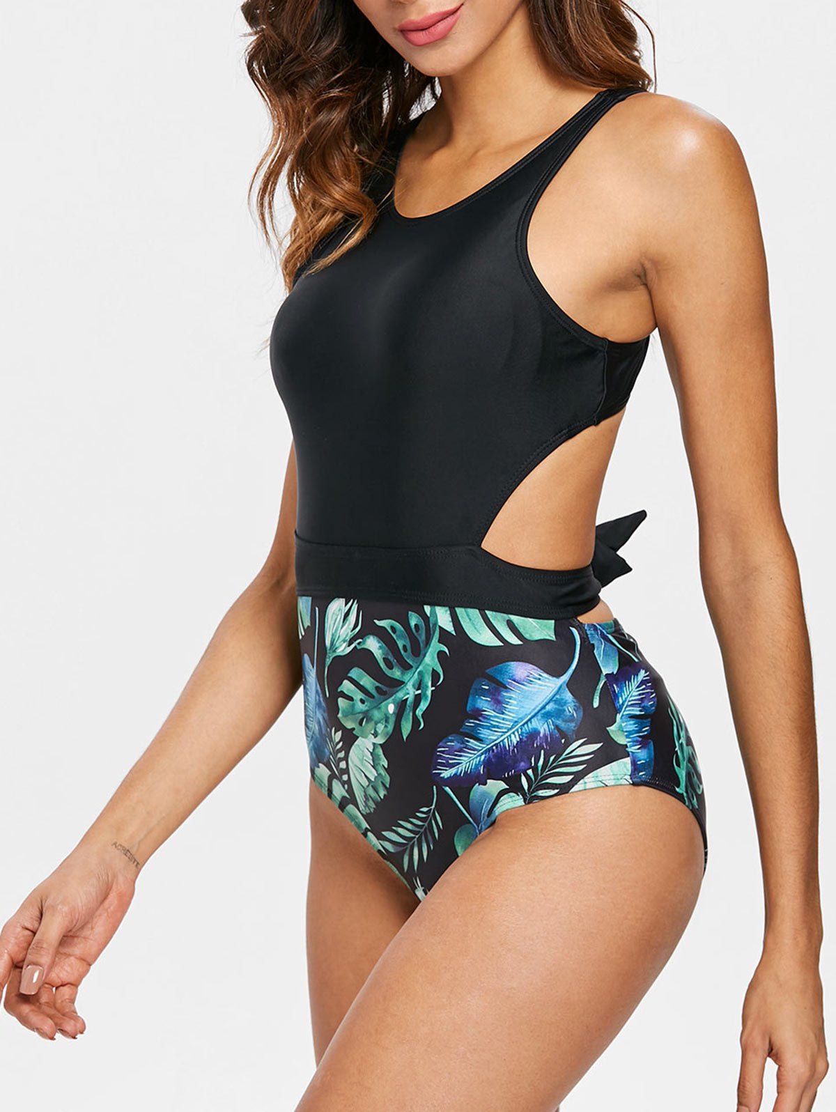 Racerback Palm Cut Out Swimsuit, Black