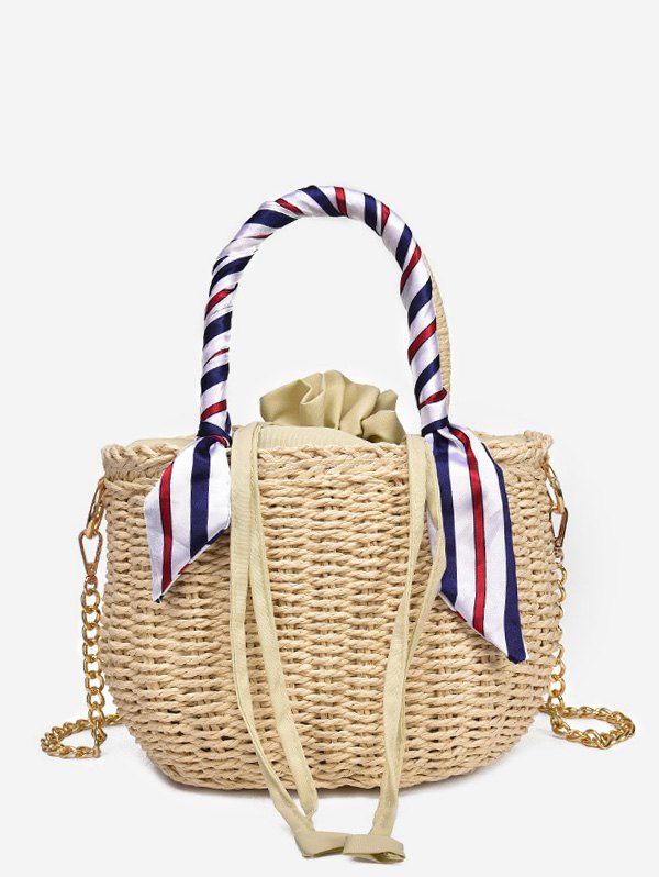 Straw Scarf Embellished Metal Chain Tote Bag, Beige
