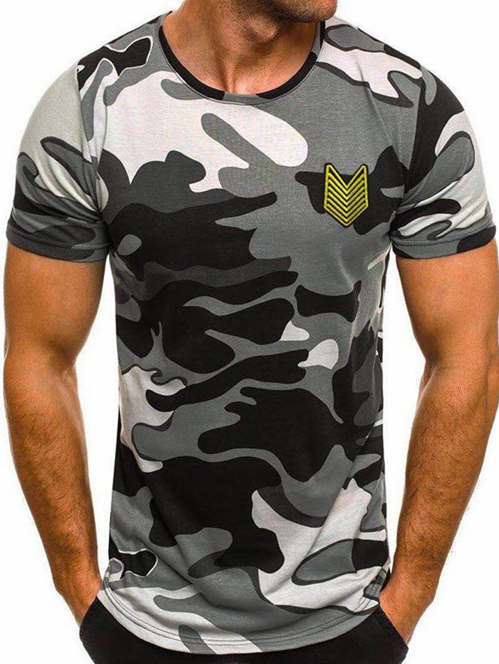 Camo Print Appique Round Neck T-shirt, Gray