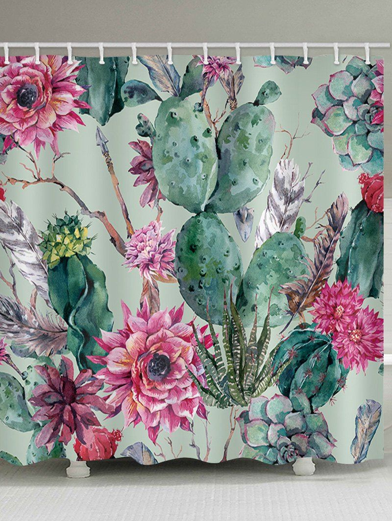 Succulents Flowers Print Waterproof Bathroom Shower Curtain, Multi