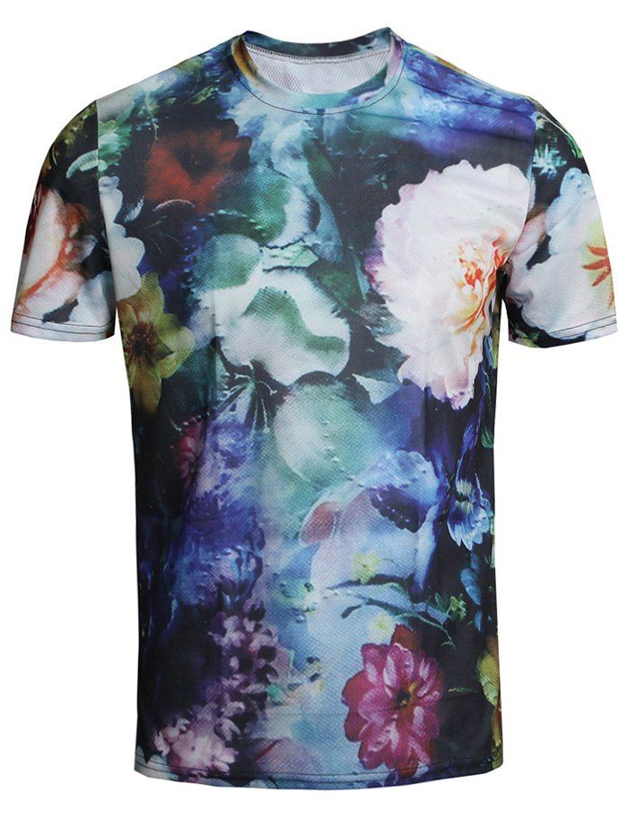 3D Allover Flower Print Casual Tee, Multi