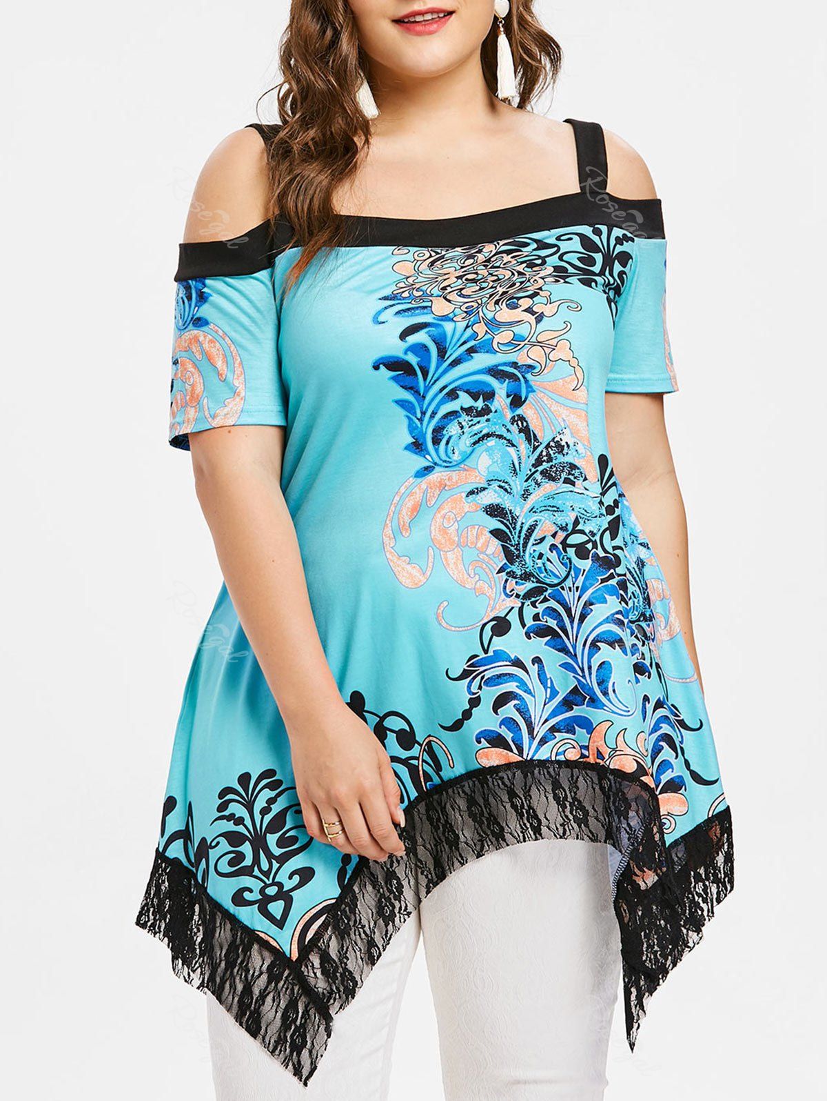 Plus Size Flower Cold Shoulder T-shirt, Blue
Plus Size Flower Cold Shoulder T-shirt, Blue