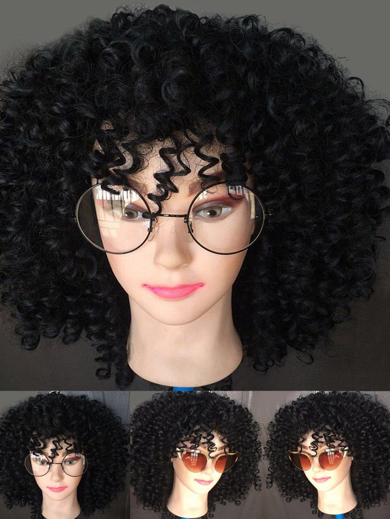 Medium Side Bang Afro Kinky Curly Synthetic Wig, Natural black 
Medium Side Bang Afro Kinky Curly Synthetic Wig, Natural black