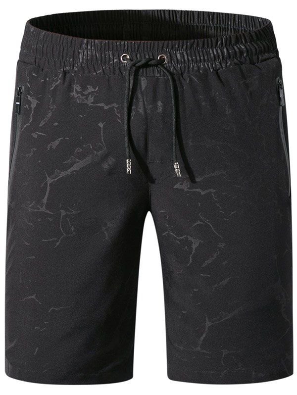 Printed Drawstring Beach Shorts, Black
