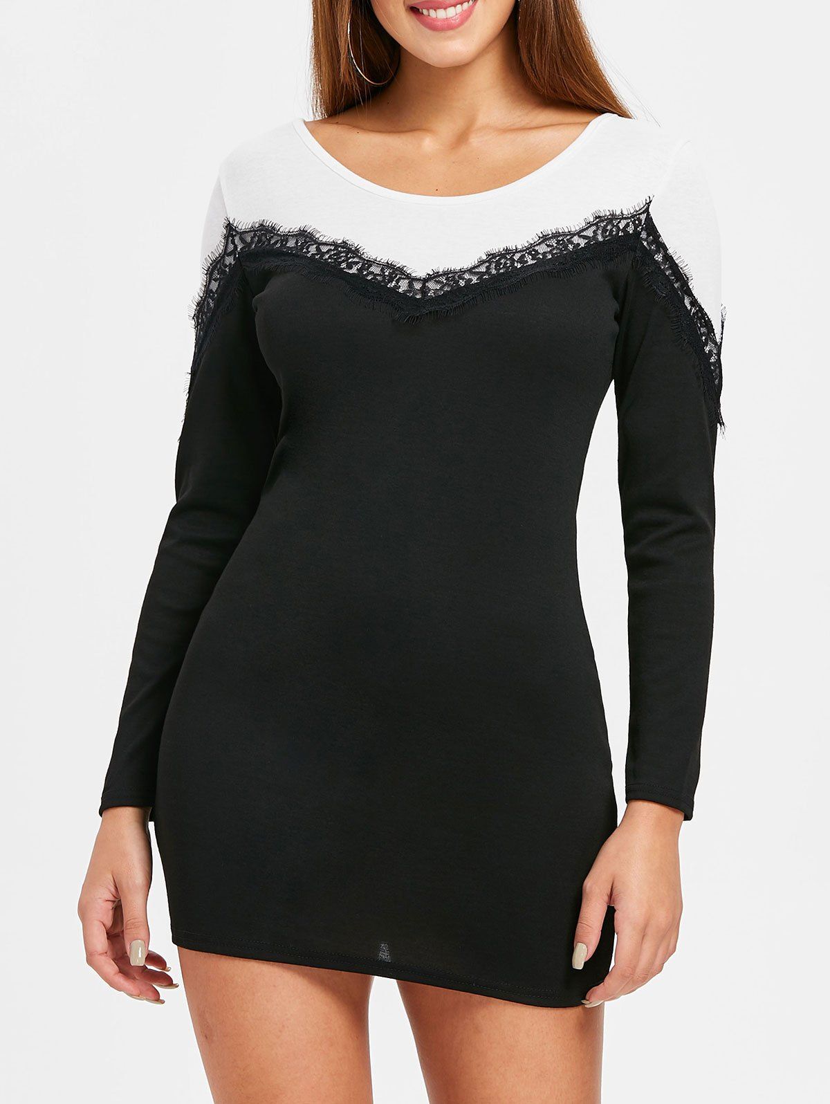 Long Sleeve Lace Panel Bodycon Dress, Black