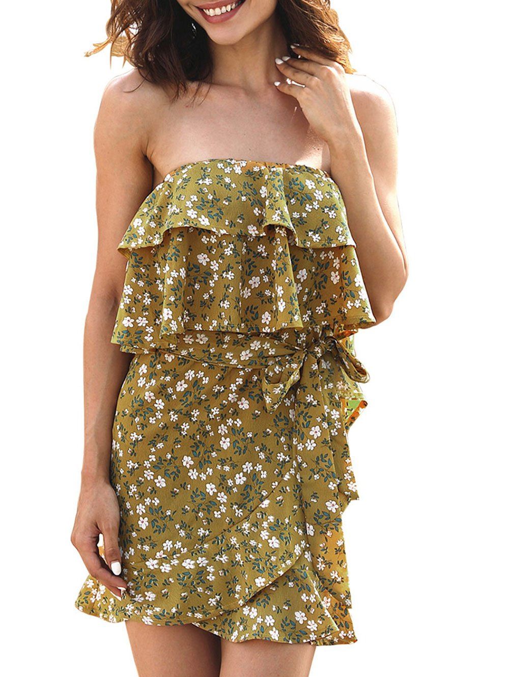 Floral Print Layered Ruffle Dress with Belt, Golden brown