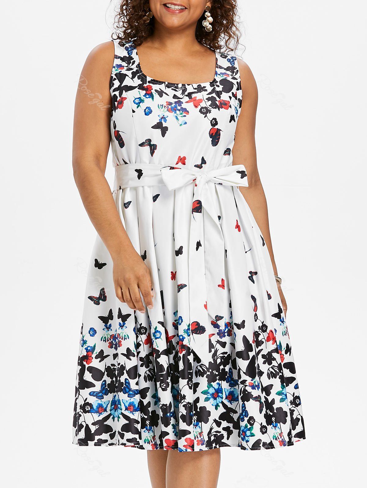 Off Butterfly Print Plus Size Sleeveless A Line Dress Rosegal