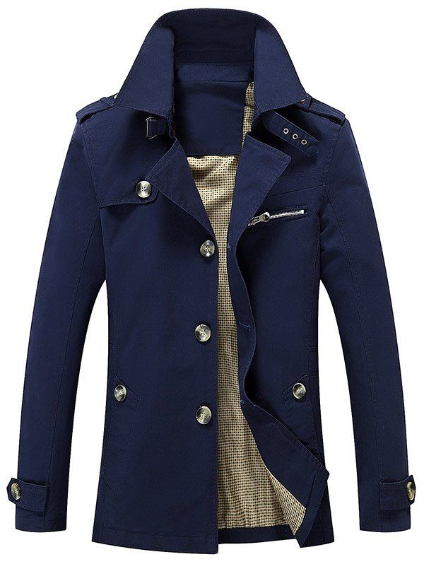Turn Down Collar Epaulet Design Button Up Jacket, Deep blue