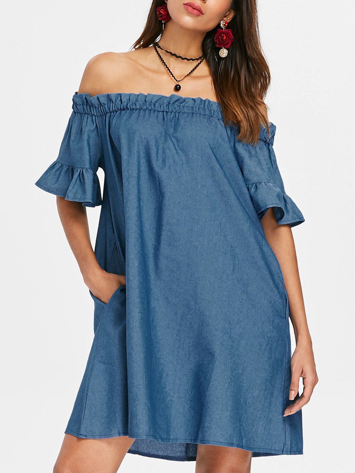 Off The Shoulder Ruffle Hem Shift Dress, Denim blue