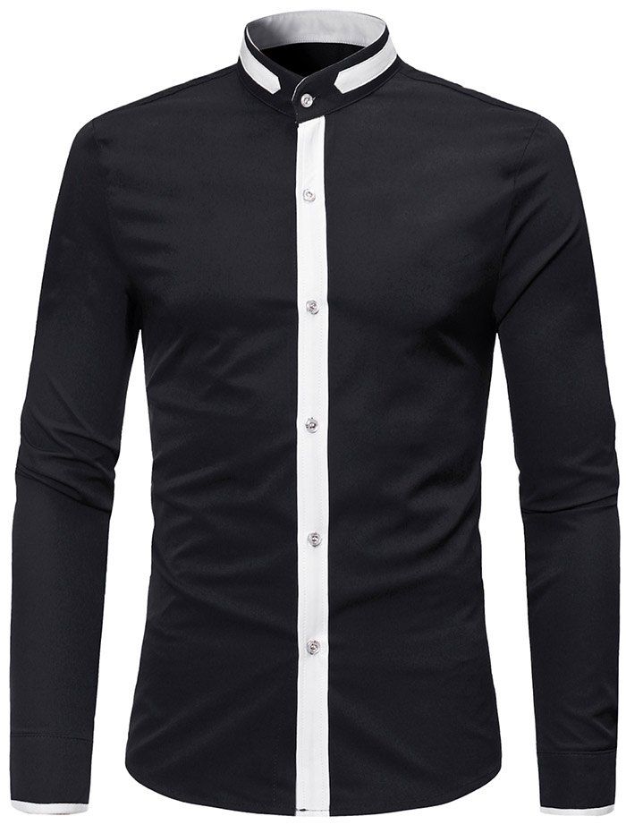 Casual Stand Collar Contrast Color Shirt, Black