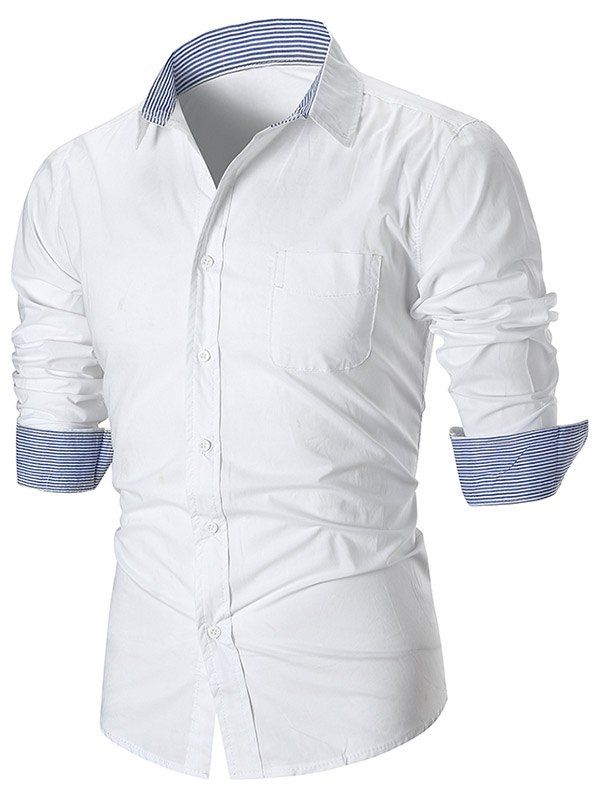 

Stripe Splicing Turn Down Collar Edging Button Down Shirt, White