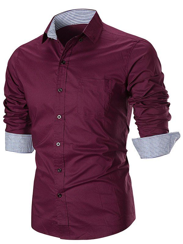 

Stripe Splicing Turn Down Collar Edging Button Down Shirt, Red wine