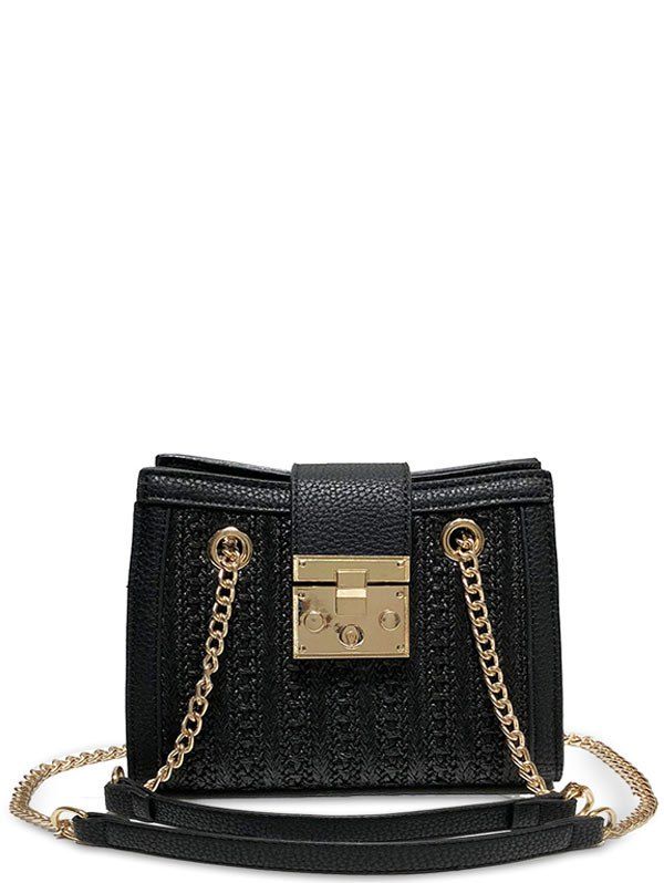Hasp Panel Straw Chain Shoulder Bag, Black