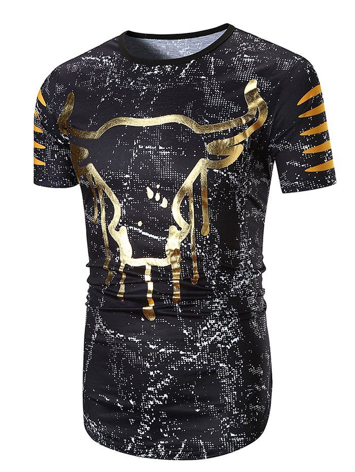 Bull Print Spot Hem Curved T-shirt, Black