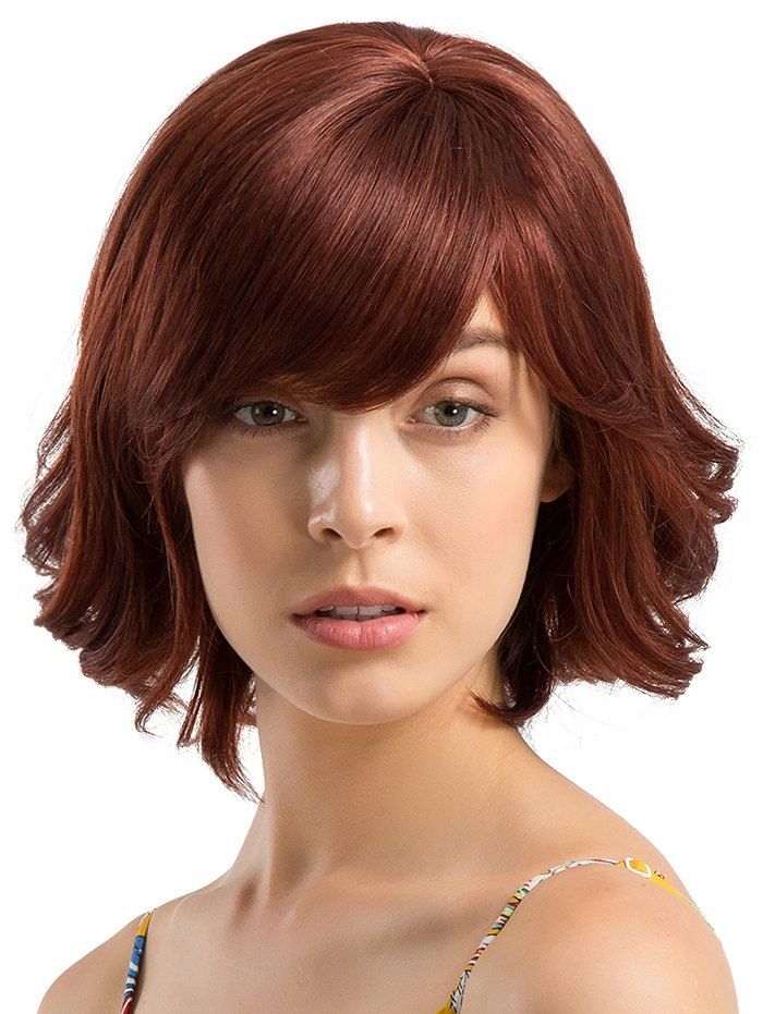 

Short Side Bang Slightly Curly Party Human Hair Wig, Multi