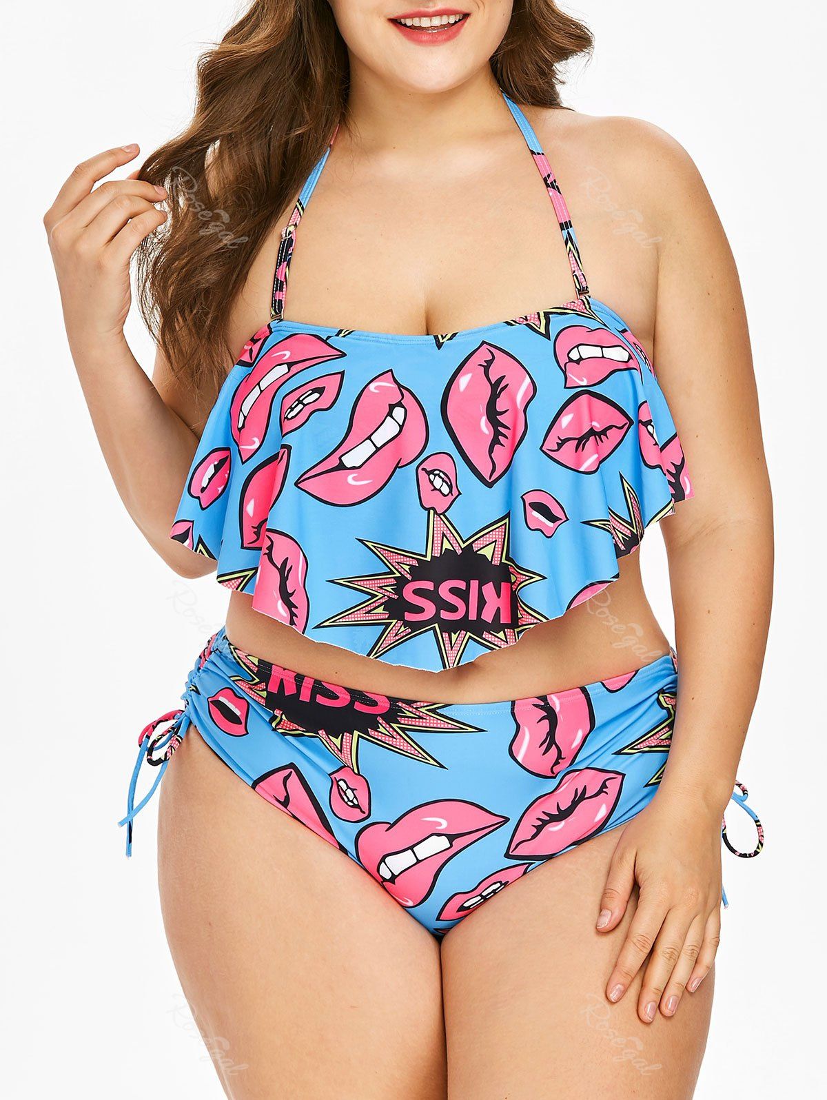 Off Plus Size Lips Flounce High Waisted Bikini Set Rosegal