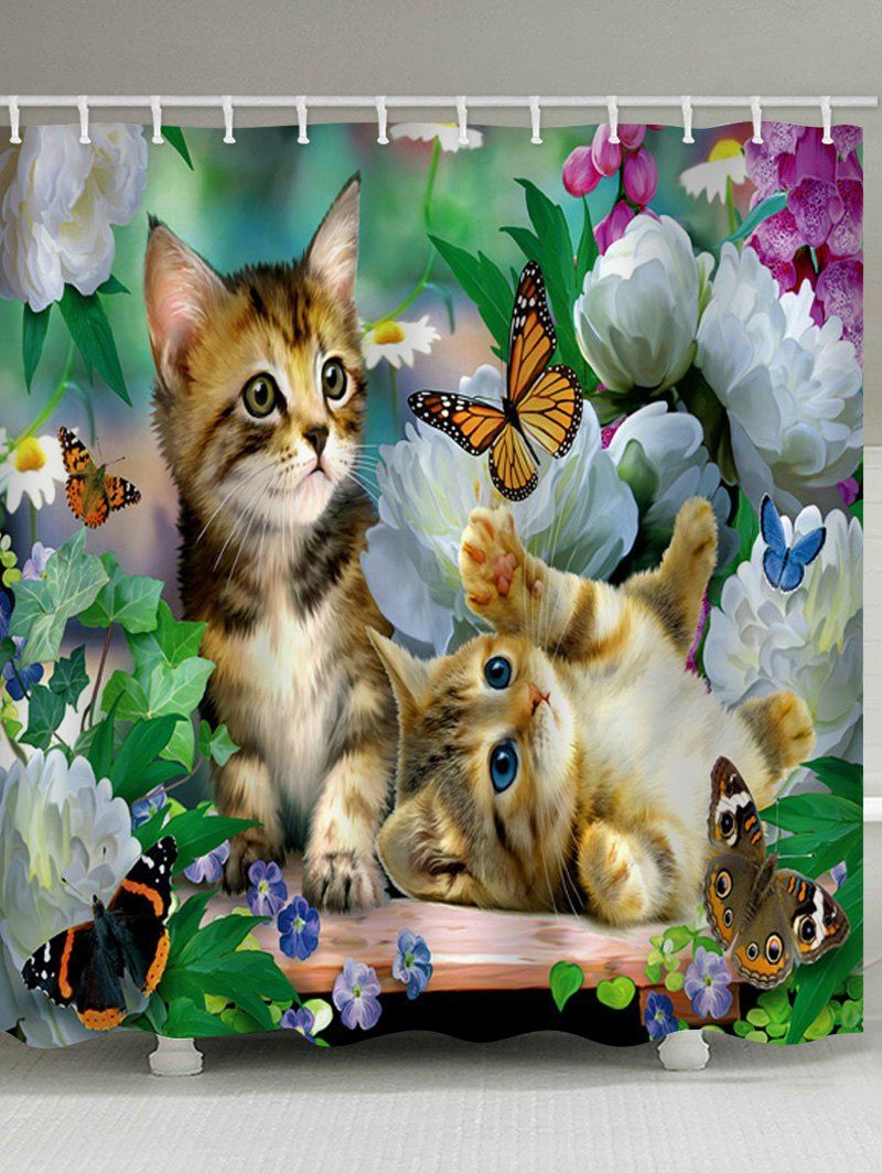 Little Cat Playing Butterflies Print Shower Curtain, Multi