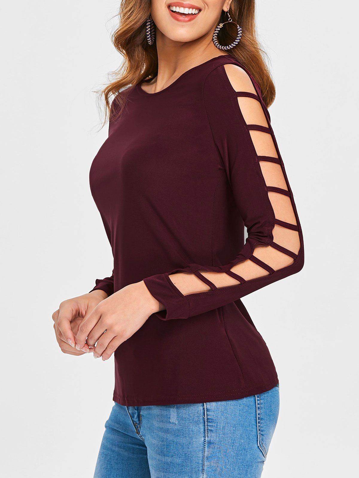 Ladder Cut Sleeve Top, Red wine