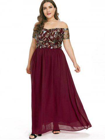 

Rosegal Off The Shoulder Plus Size Embroidery Maxi Dress, Red