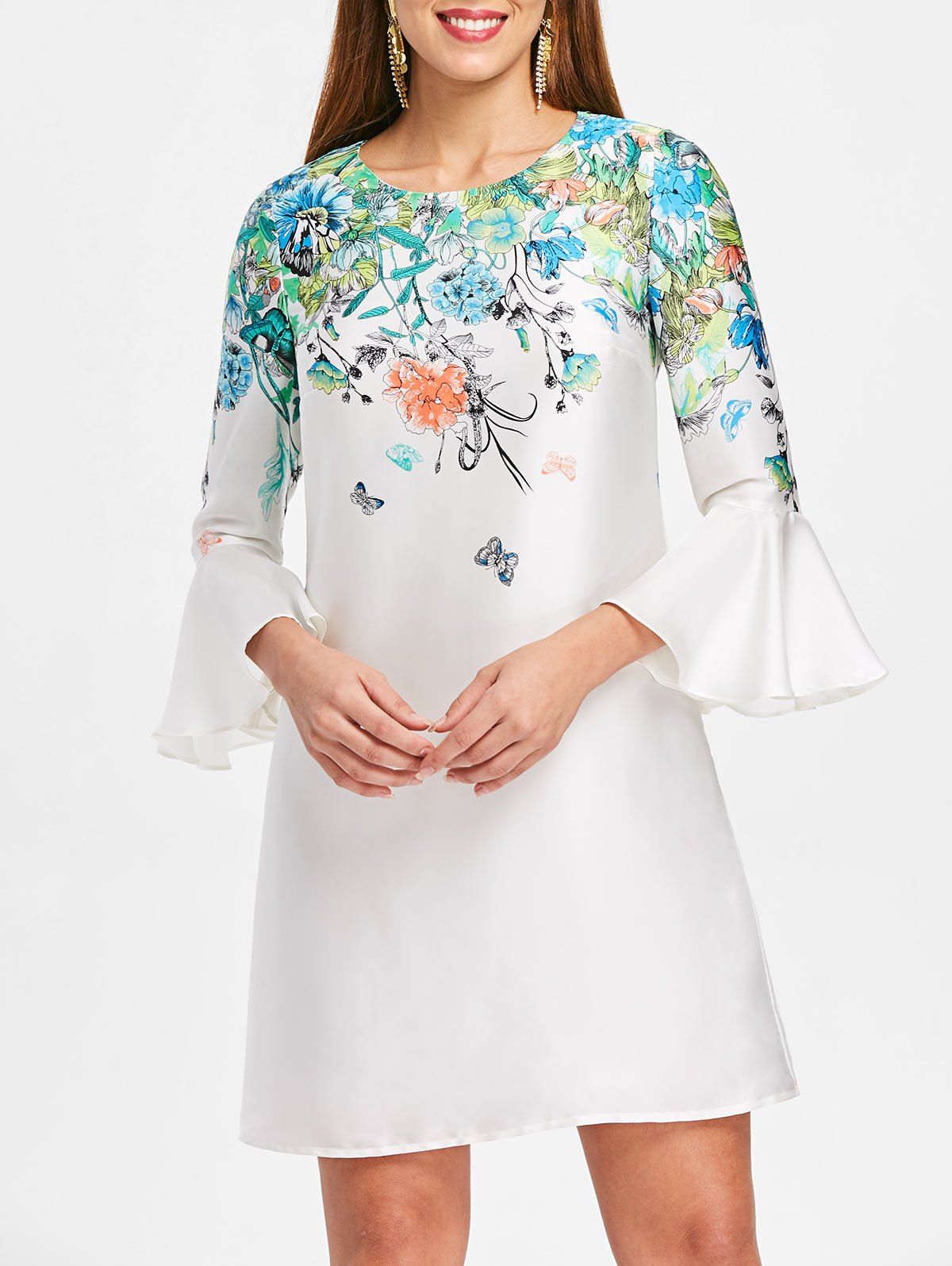 

Bell Sleeve Floral Mini Straight Dress, White