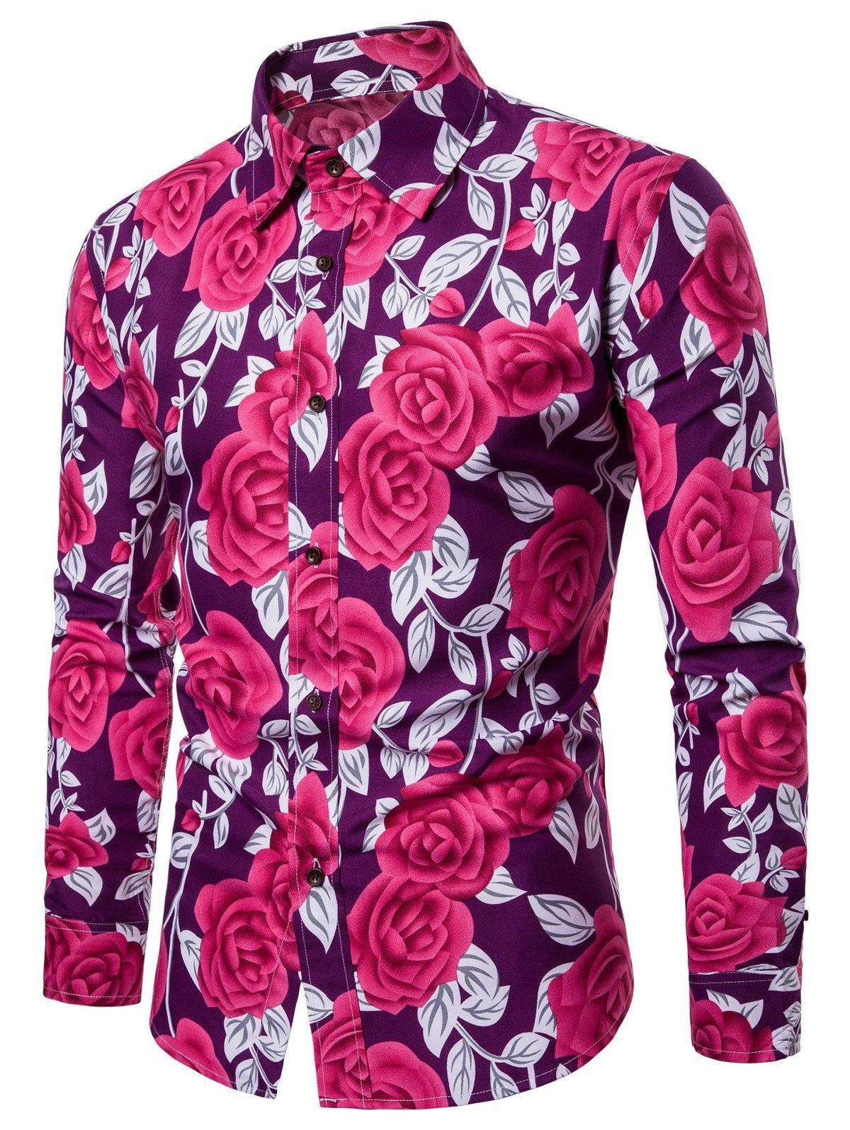 Beautiful Roses Leaves Print Casual Shirt, Purple