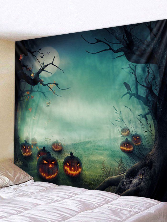 

Halloween Scary Pumpkin Printed Wall Hanging Tapestry, Peacock blue