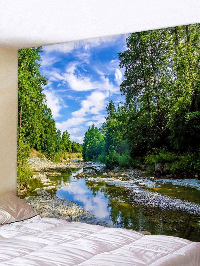 

River Forest Blue Sky Printed Wall Hanging Tapestry, Forest green