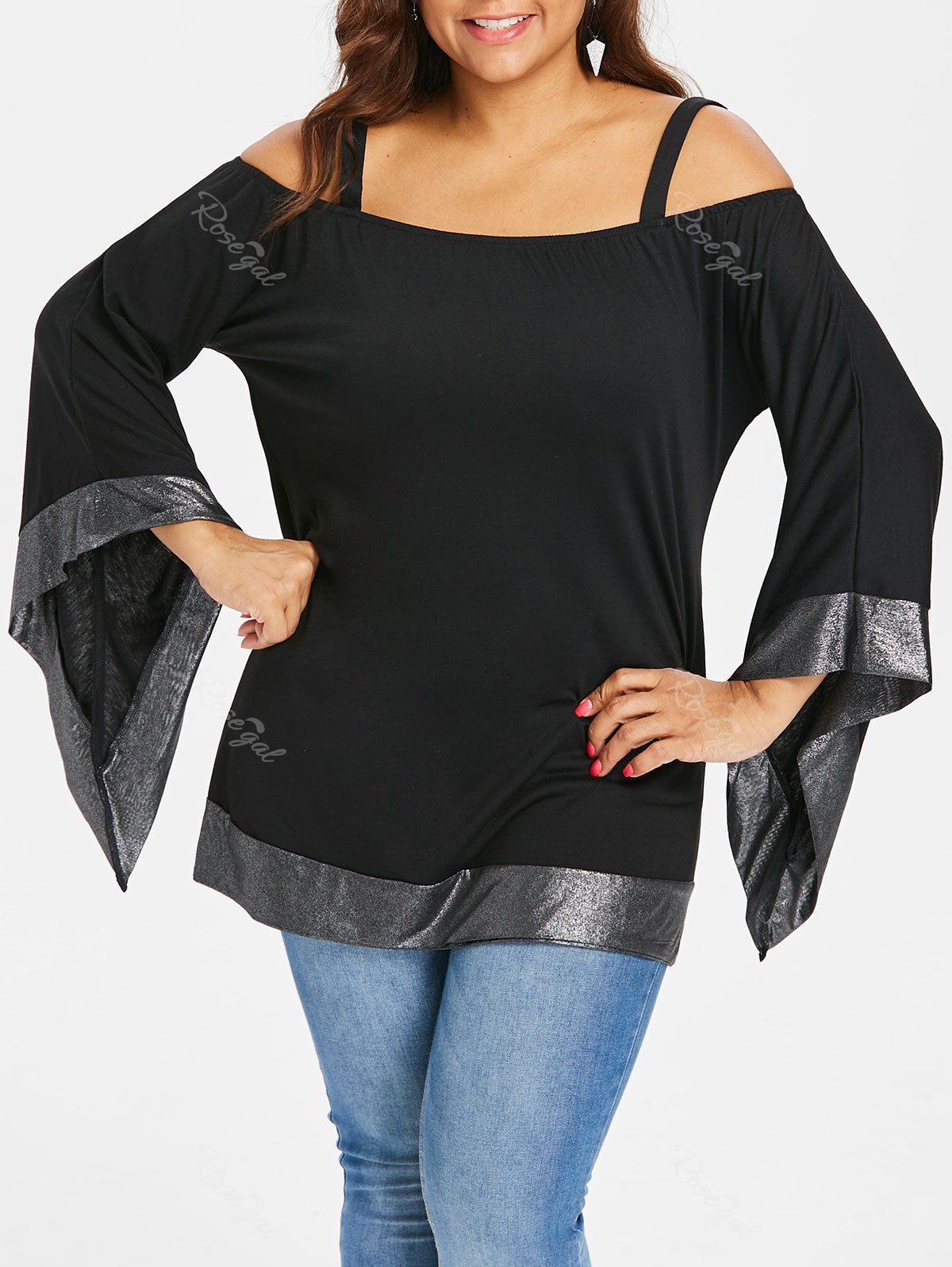 Off Plus Size Glitter Detail Cold Shoulder Top Rosegal